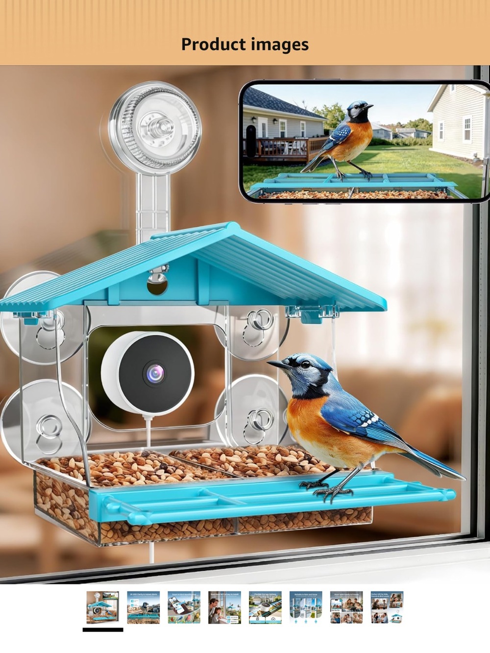 Window-Mount Bird Feeder with Camera - Blue NWT